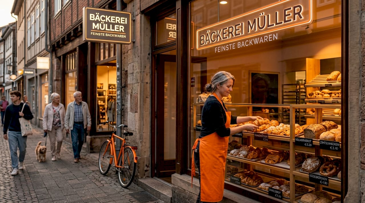 Die Inhaberin der Bäckerei richtet liebevoll die Auslage im Schaufenster her und sorgt dafür, dass ihre frischen Backwaren besonders einladend präsentiert werden.