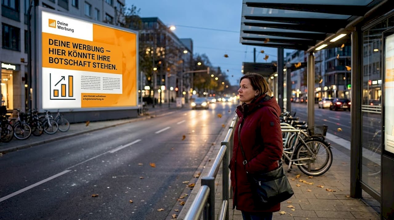 Ein Pendler versucht vergeblich, die winzige Schrift einer Werbeanzeige zu entziffern.