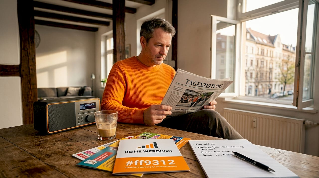 In der Küche sitzt ein Mann, blättert durch die Zeitung und lässt nebenbei das Radio laufen, aus dem Werbung ertönt.