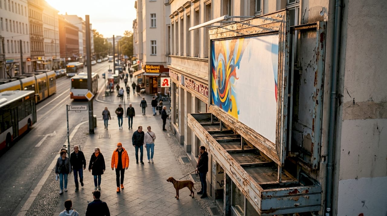 Stadtstraße mit großer Werbetafel am Straßenrand