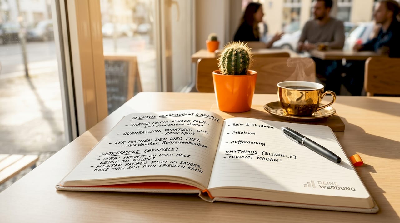 Notizbuch mit handschriftlich eingetragenen berühmten Werbeslogans