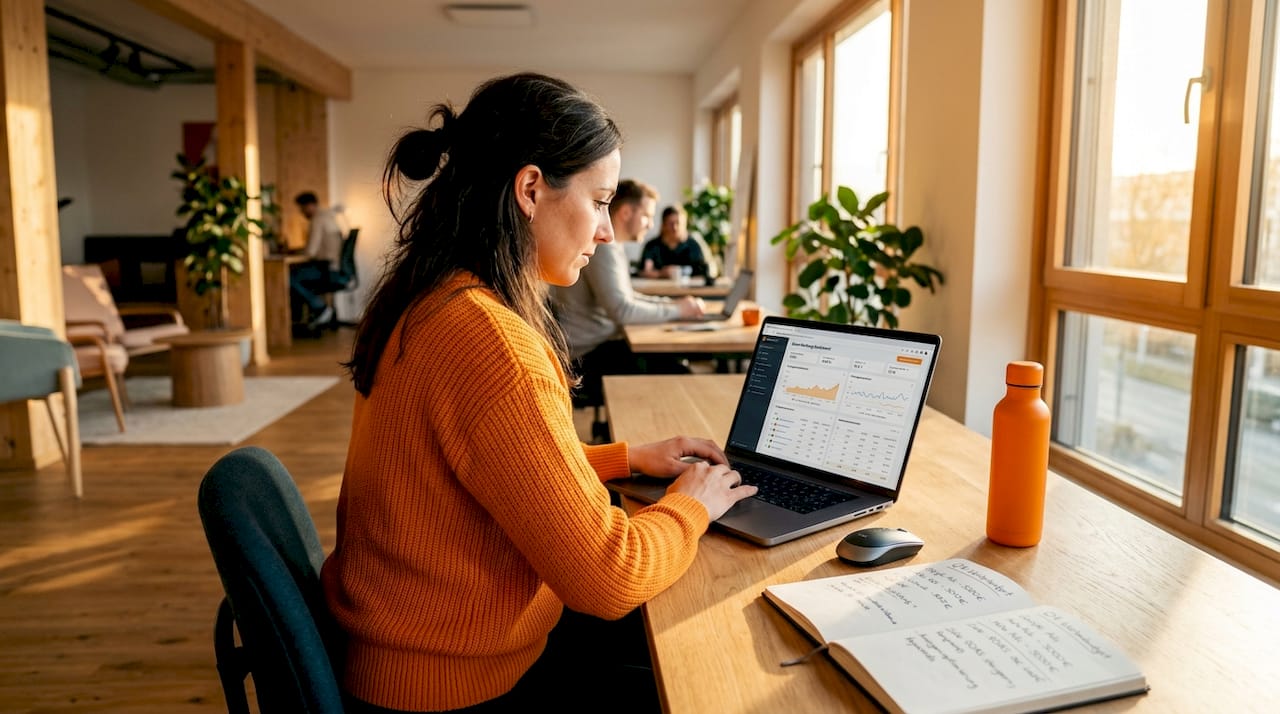 Werbeprofi steuert bezahlte Online-Kampagnen am Laptop