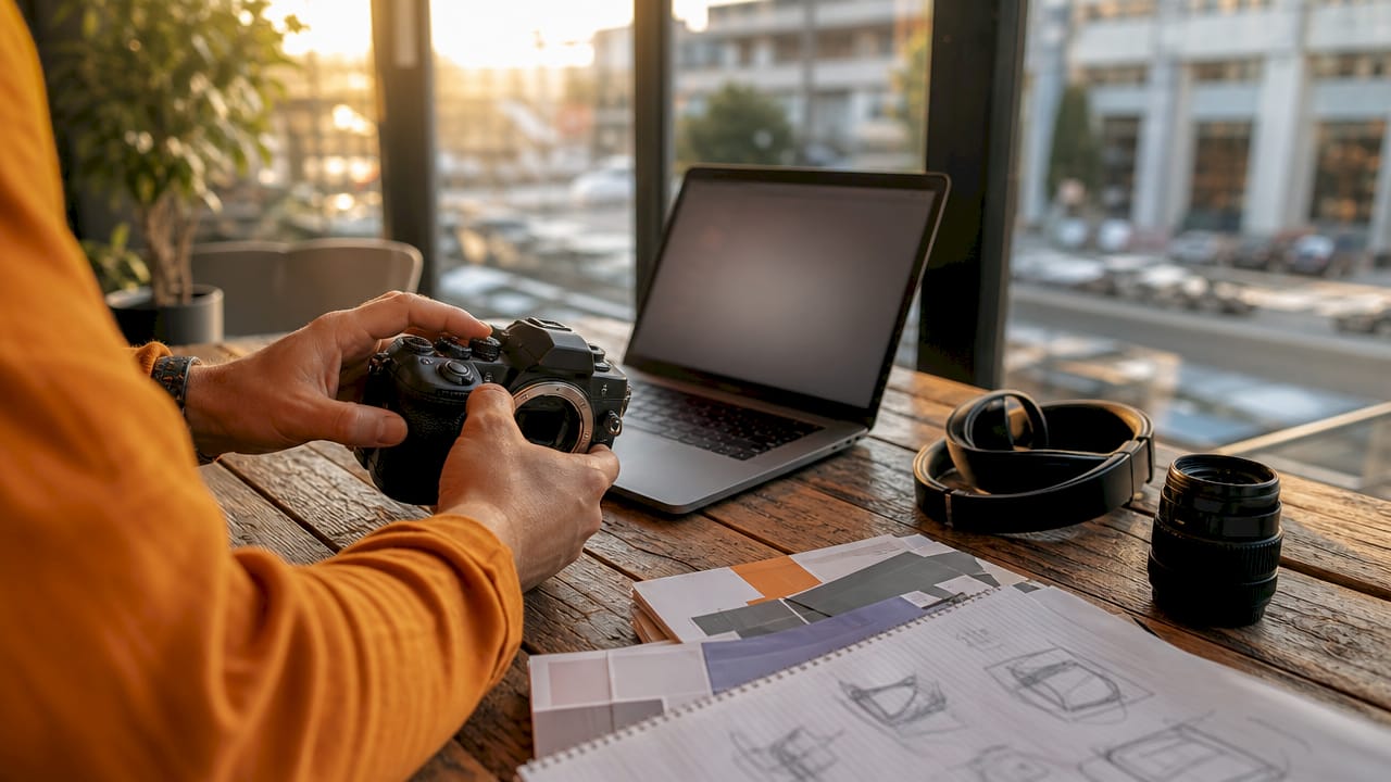 Arbeitsplatz mit professioneller Ausstattung für Videoproduktion und Schnitt