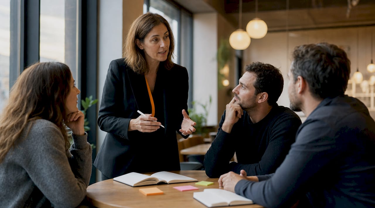 Eine Mitarbeiterin stellt im Teammeeting die neue digitale Recruiting-Strategie vor.