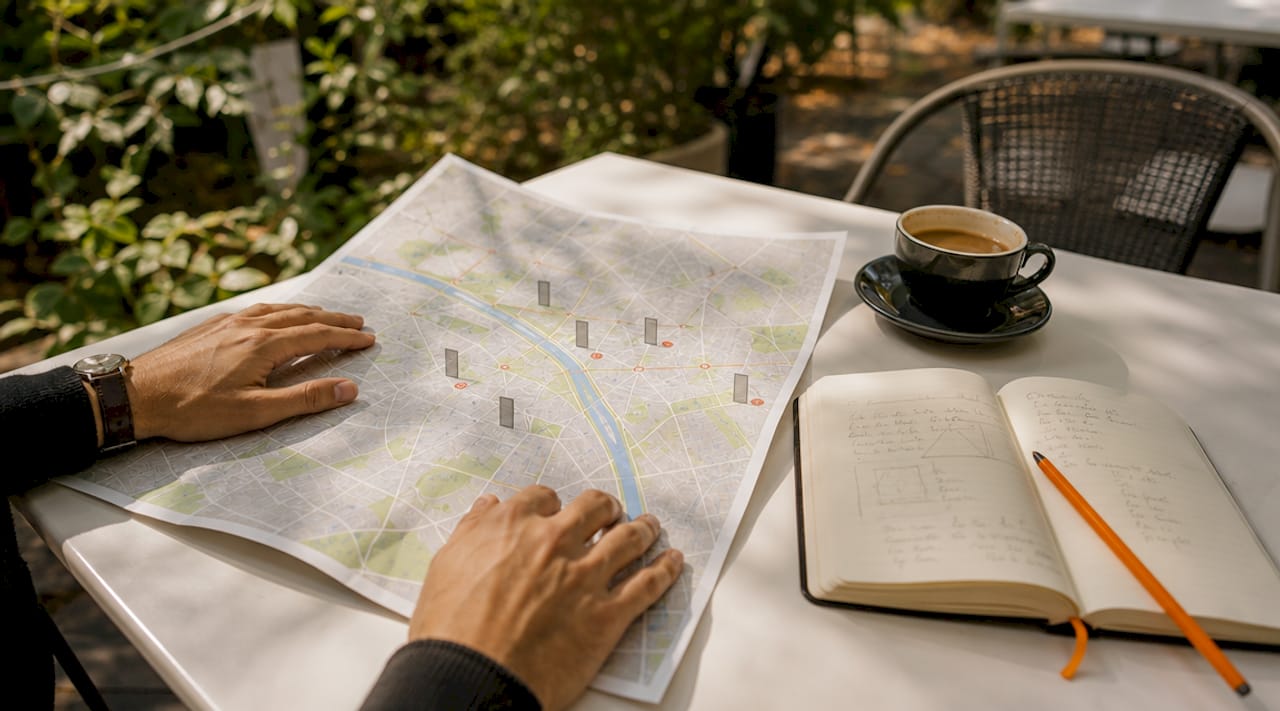 Im Café sitzen Menschen zusammen und studieren einen Stadtplan, um ihre Außenwerbung zu planen.