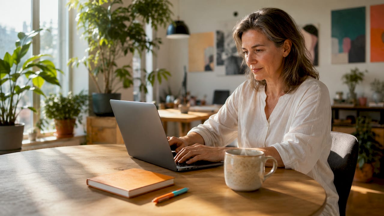 Eine Frau arbeitet am Laptop und organisiert digitale Inhalte in ihrem Homeoffice.