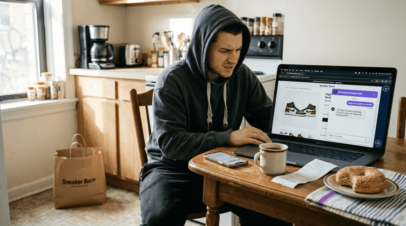 Man chats with AI support while online shopping