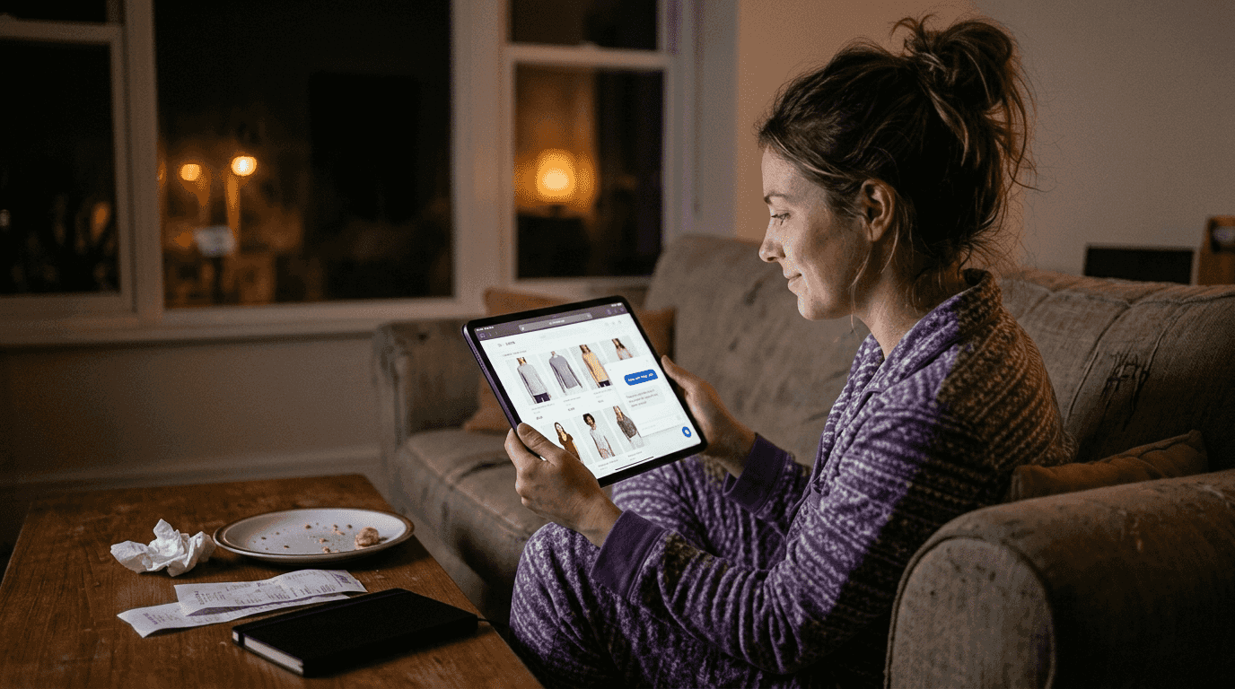 Woman uses e-commerce chatbot late night