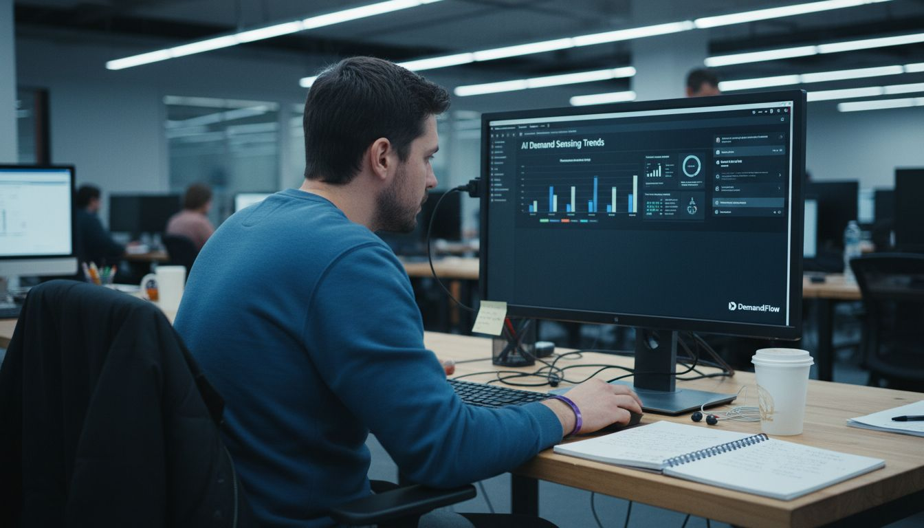Ecommerce analyst reviewing AI demand sensing dashboard