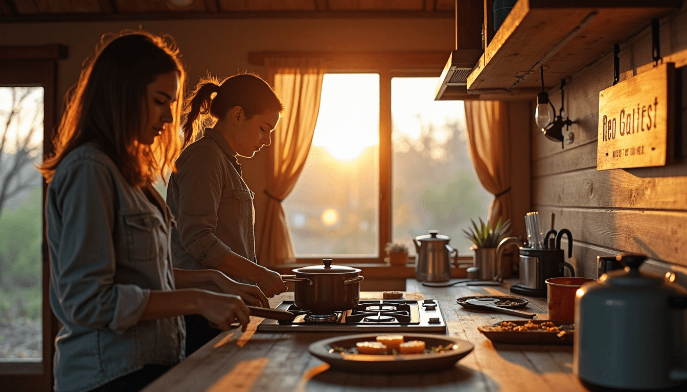 Couple using propane stove and electric kettle in sunlit off-grid kitchen