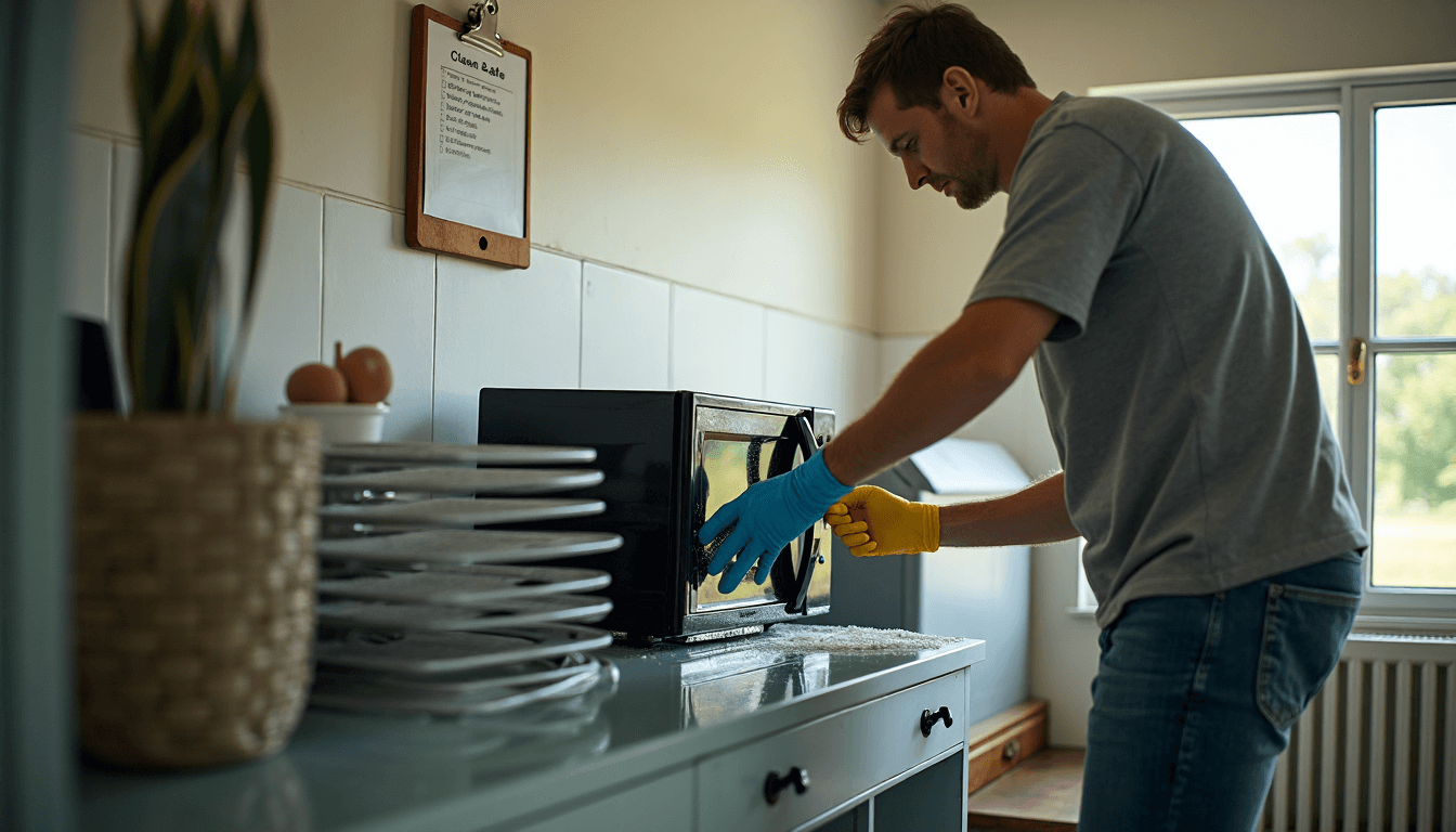 People preparing old microwave and shelves for recycling in sunlit mudroom