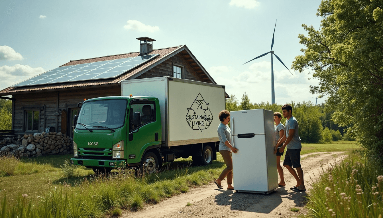 Off-grid family carrying fridge to recycling truck by rustic home