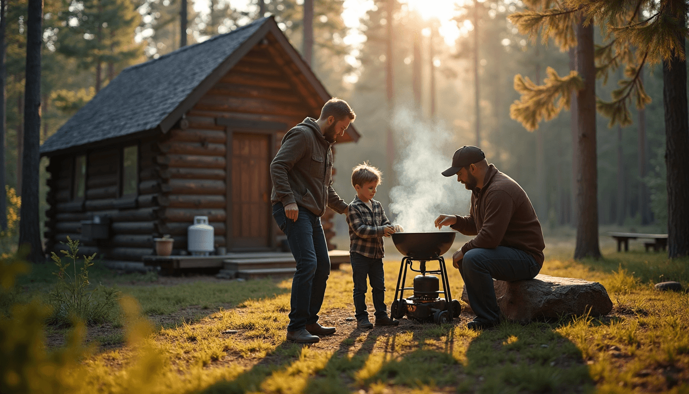 Family in off-grid outdoor setting practicing propane safety near cabin and camp grill