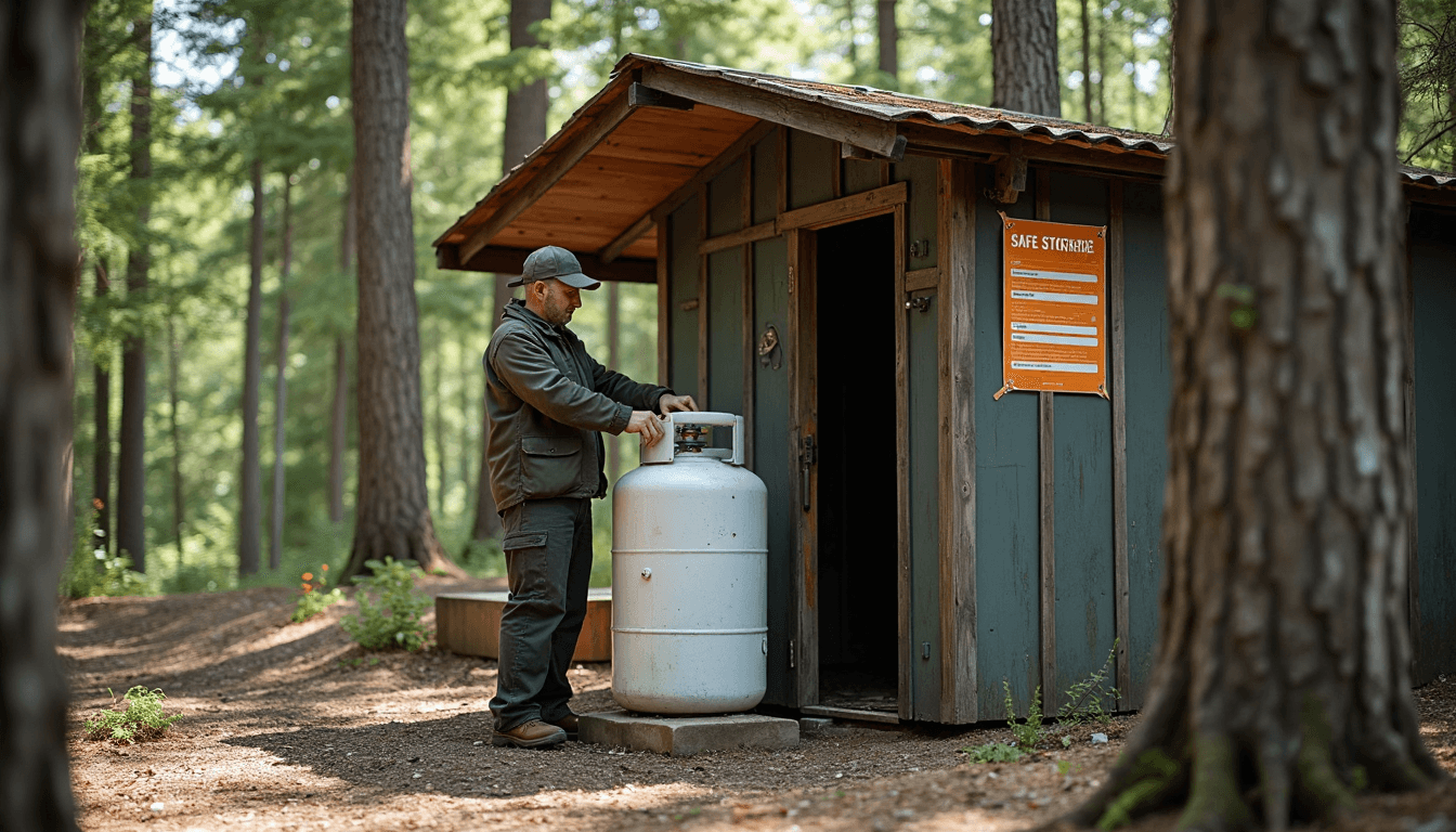 Person inspecting propane tank in shaded, well-ventilated outdoor storage area