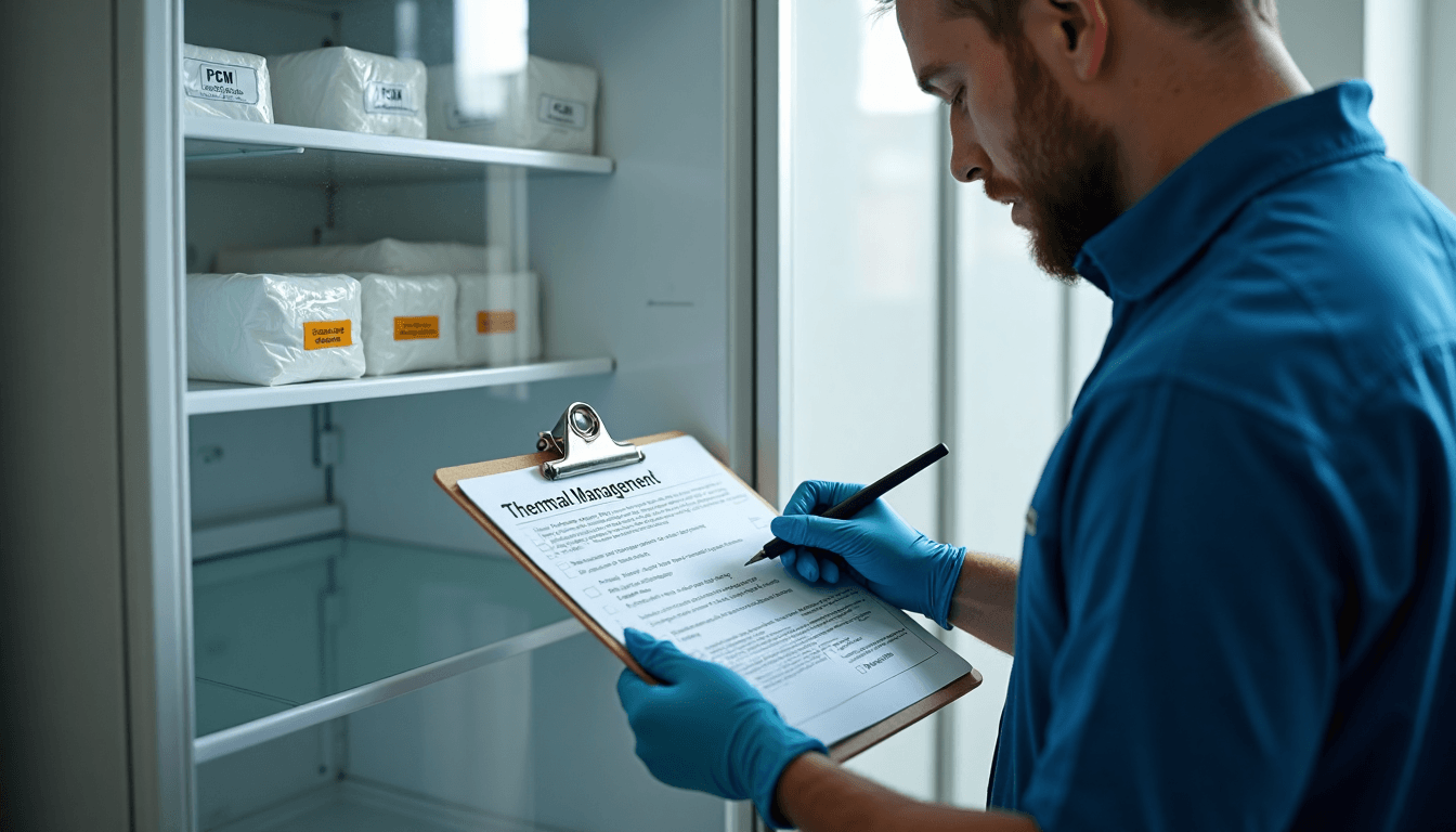 Technician adjusts fridge with PCM packs, 'Thermal Management' checklist shown