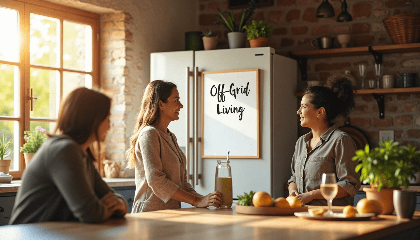 Family in off-grid kitchen near solar fridge, 'Off-Grid Living' note