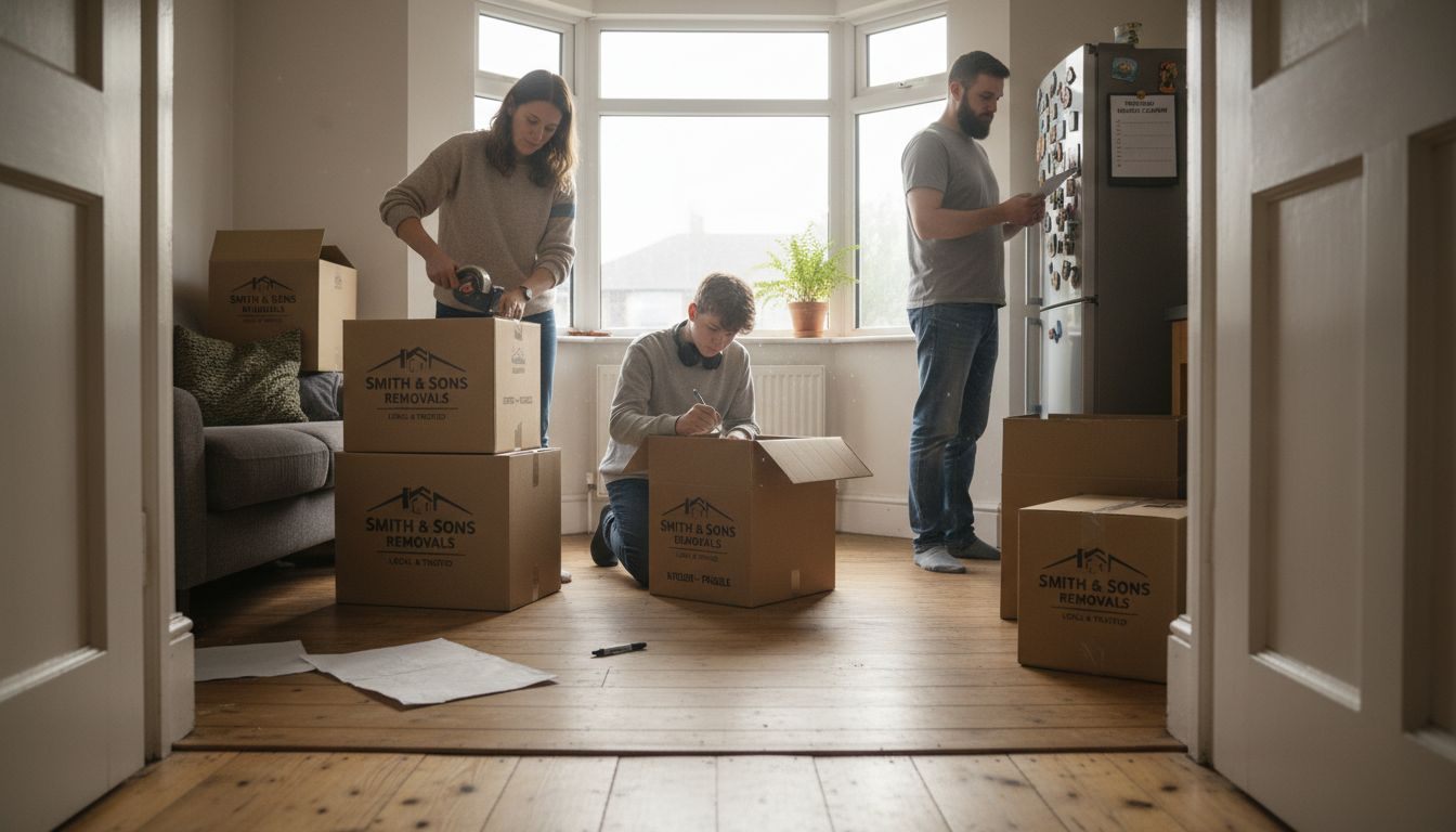 Family packing boxes in cluttered living room
