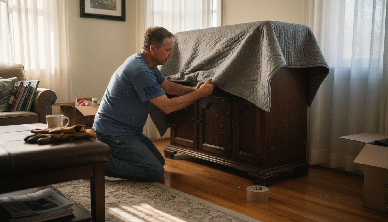 Man wrapping furniture with moving blanket