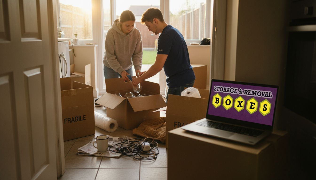 Couple packing moving boxes with protective materials
