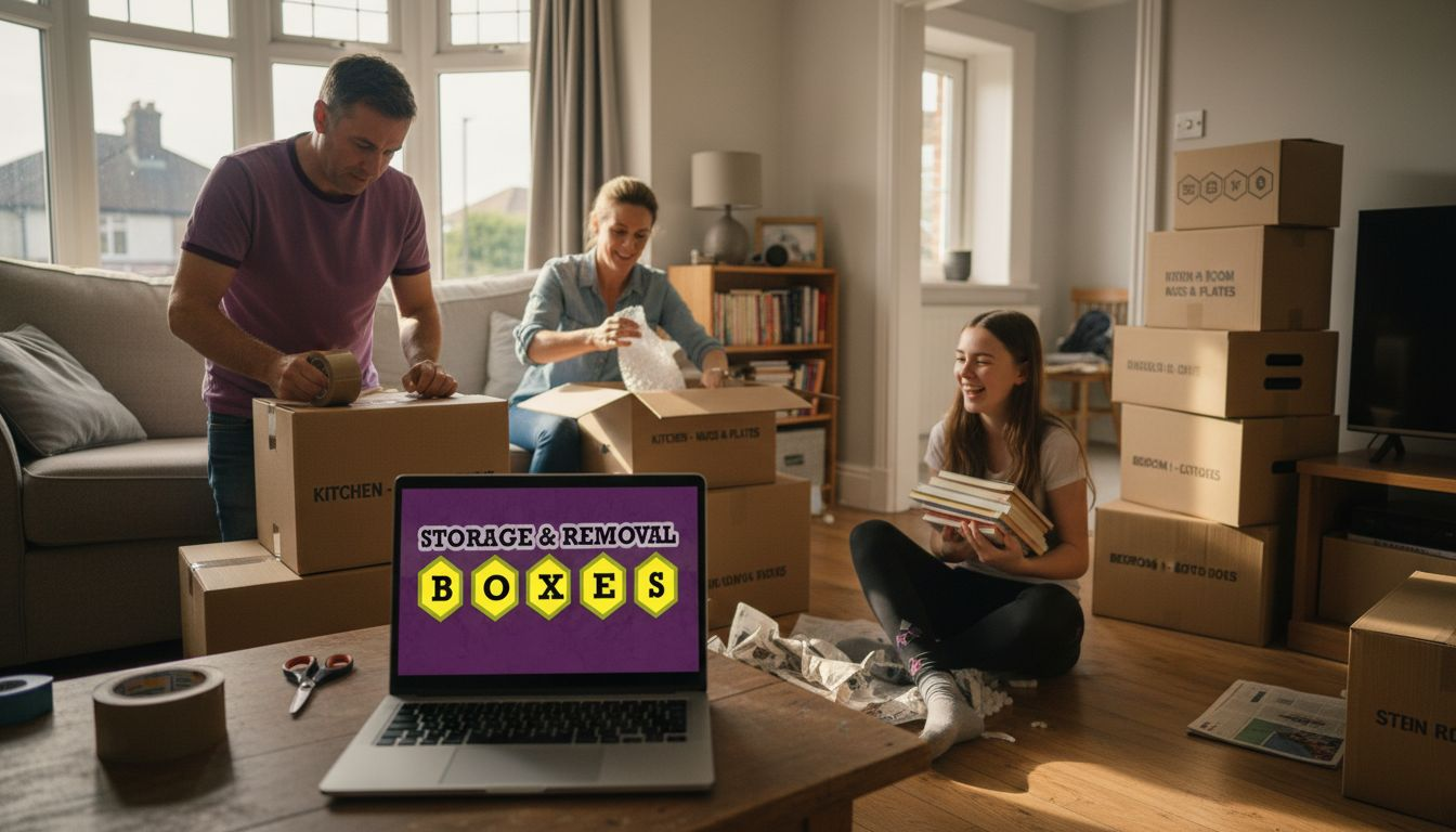 Family packing moving boxes in living room