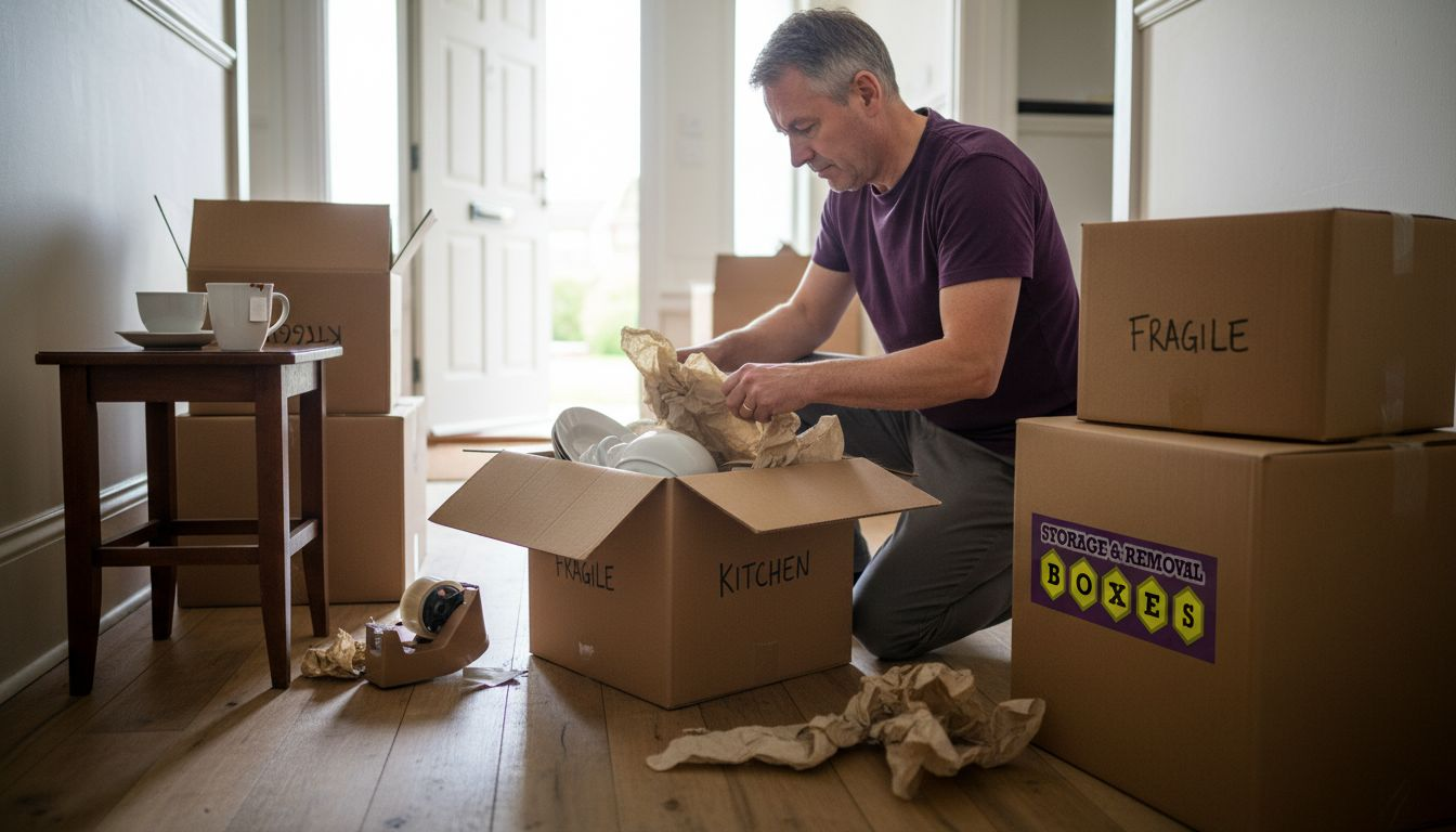 Man fills boxes with packing paper for fragile items