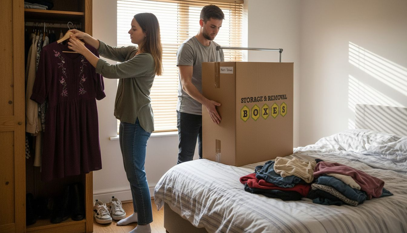 Couple packing clothes into tall wardrobe box