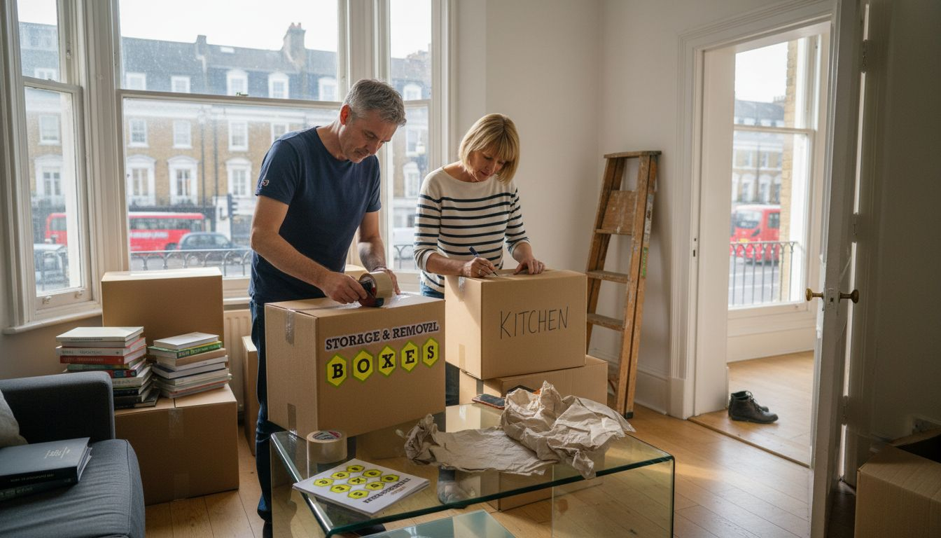 Couple packing storage removal boxes at home