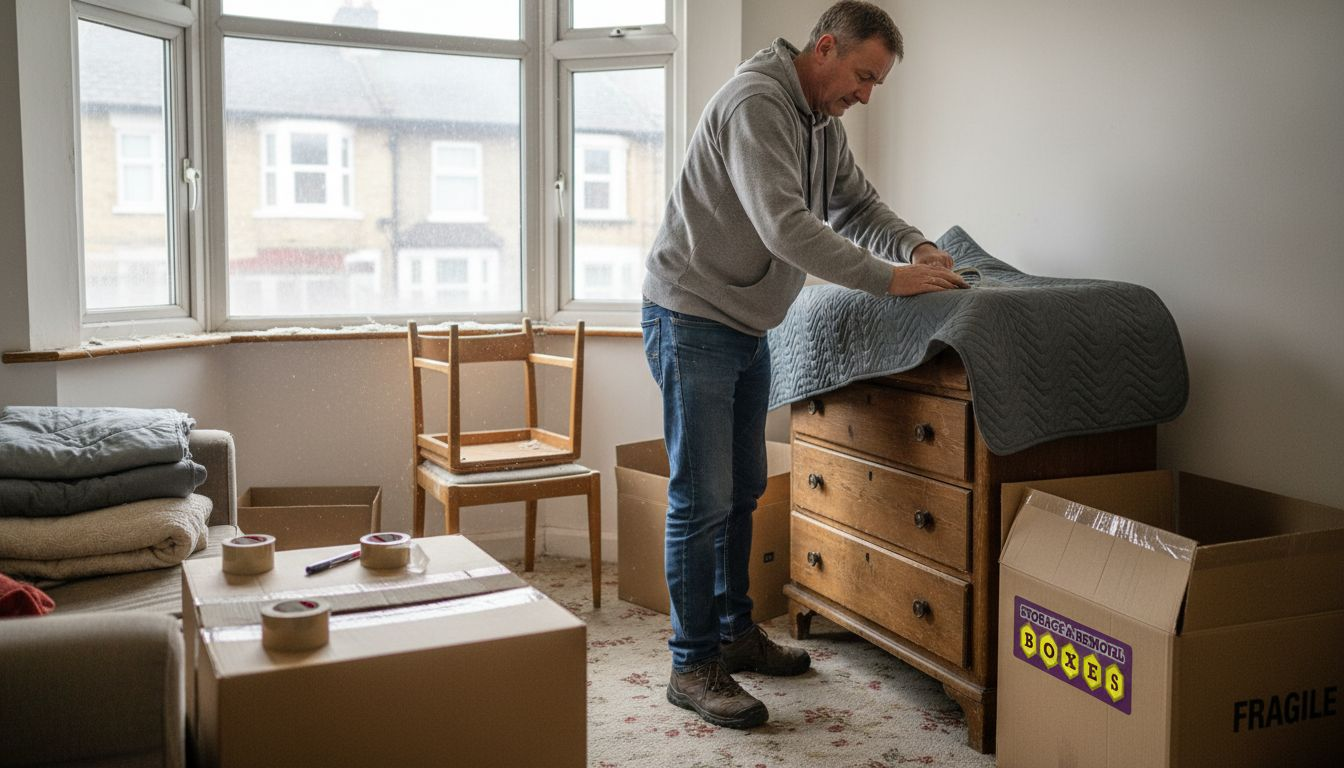 Man wrapping furniture for UK move