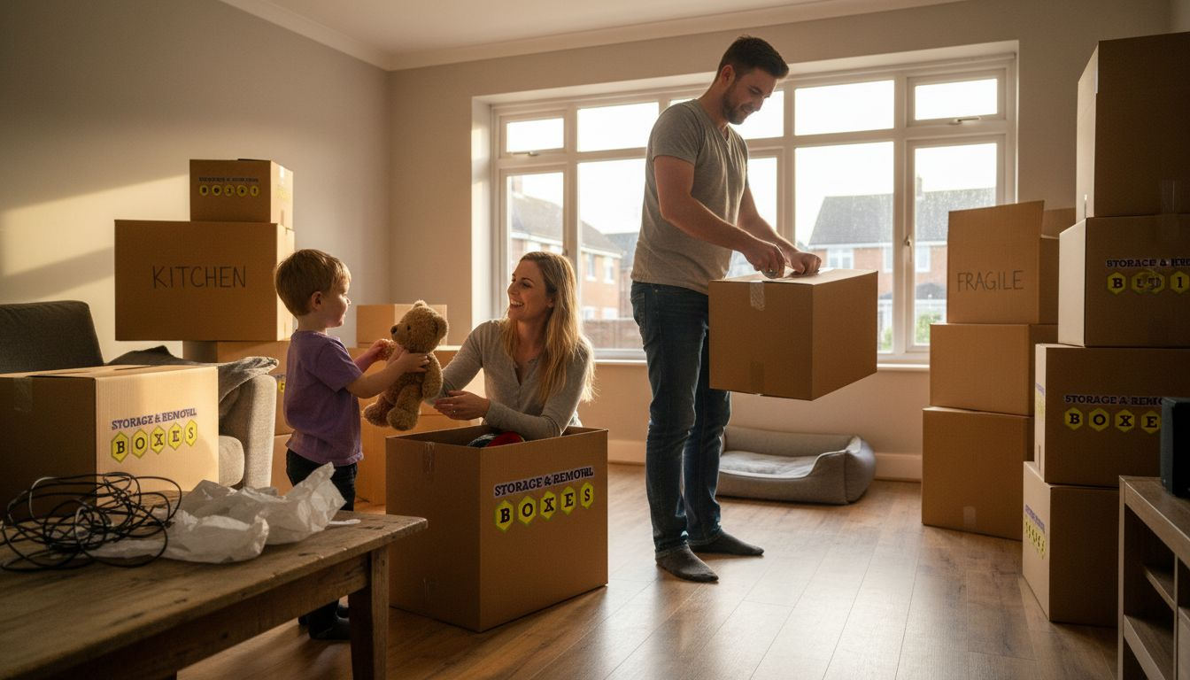 Family packing belongings into sturdy removal boxes