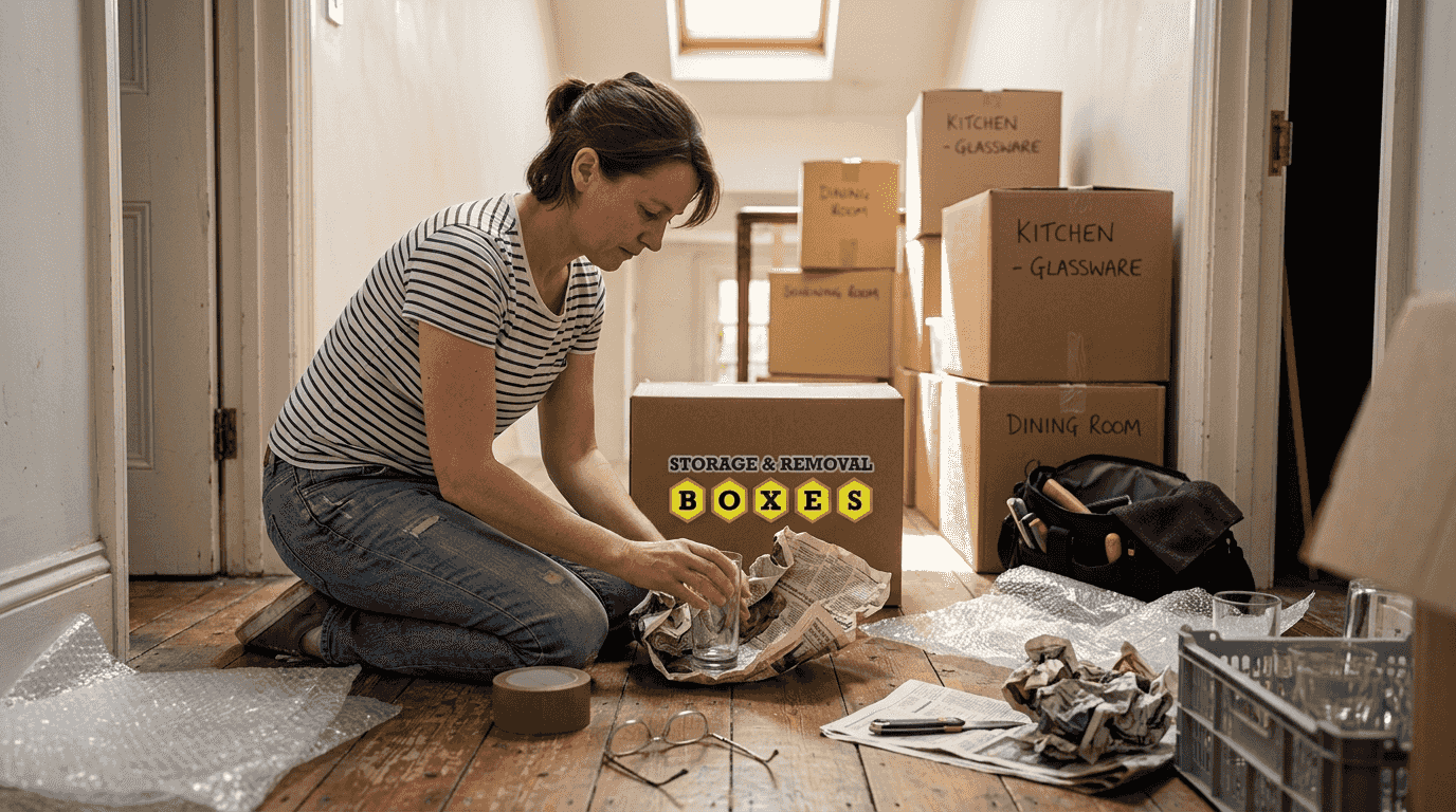 Woman packing glassware with labeled boxes nearby