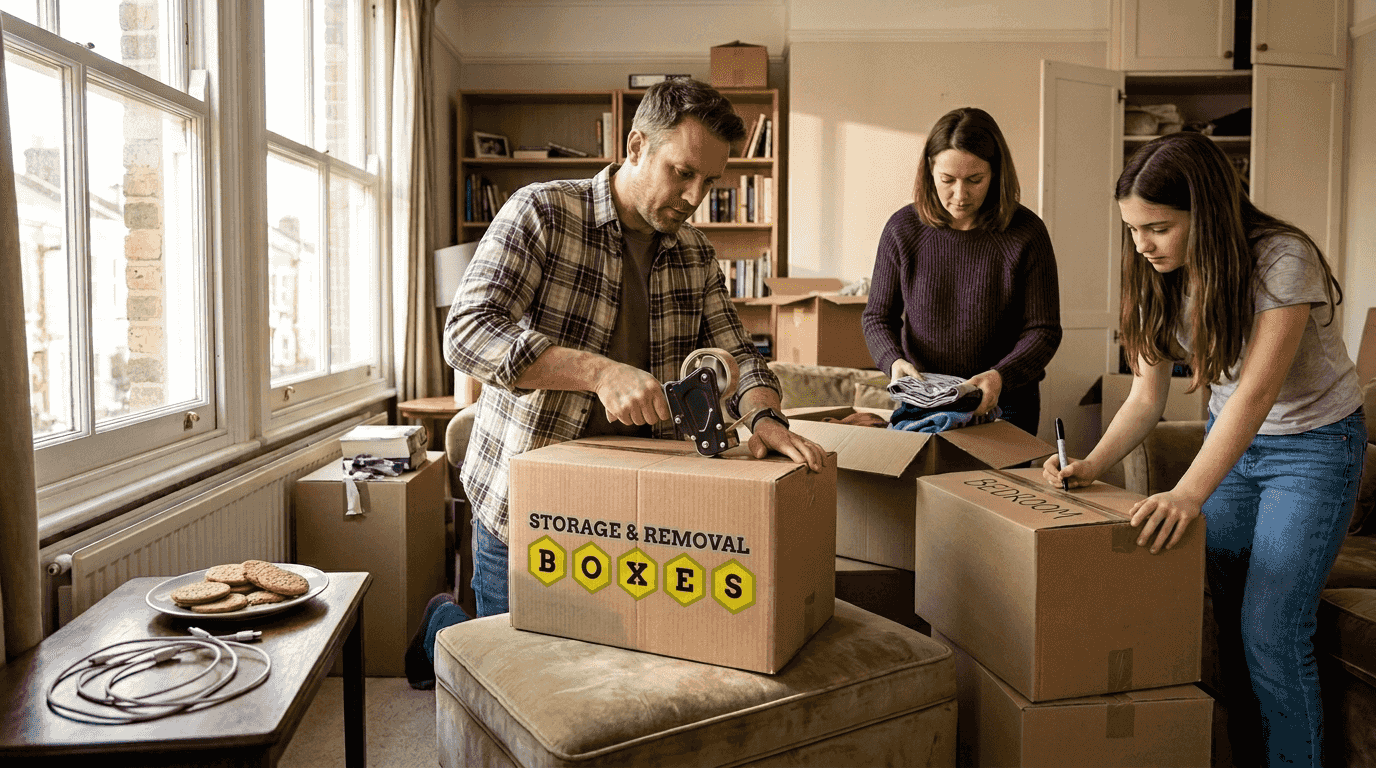 Family packing moving boxes in living room