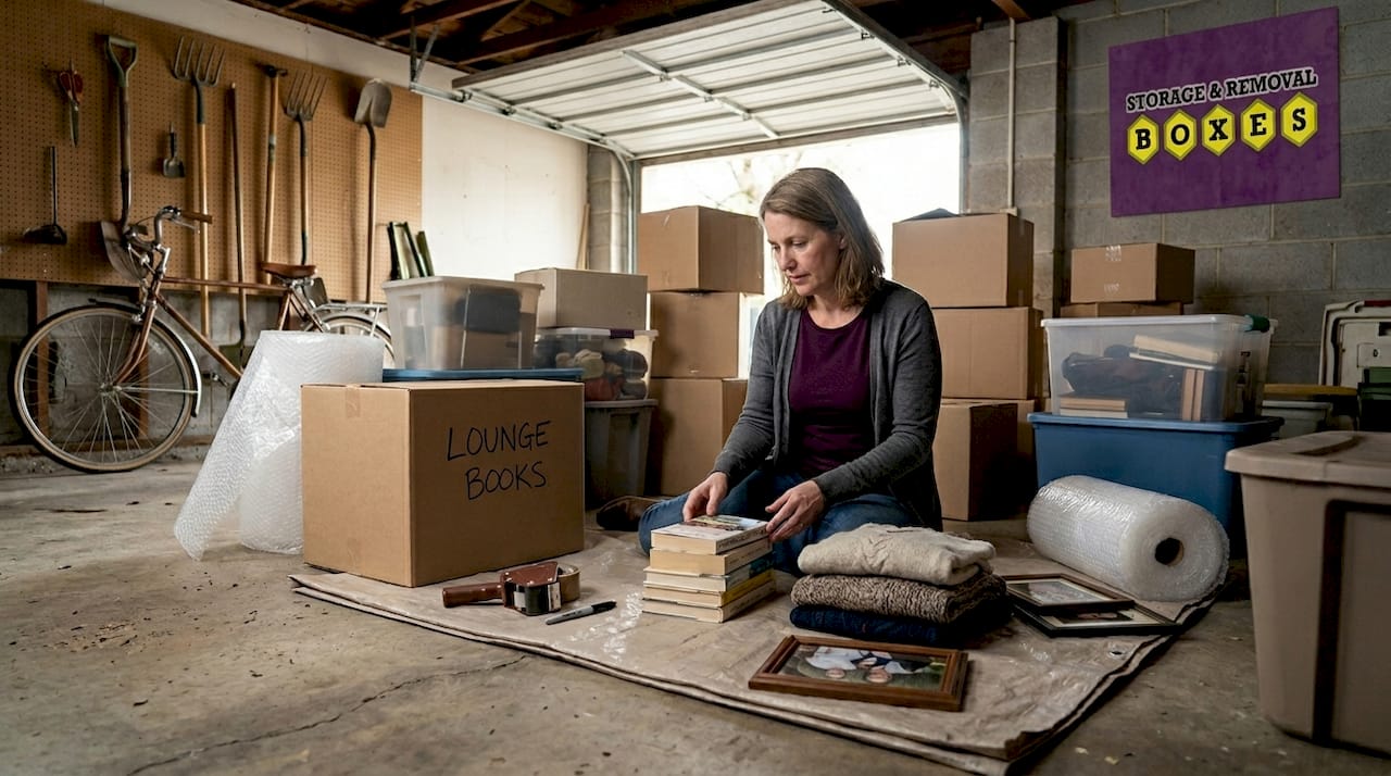 Woman organising boxes for storage in garage
