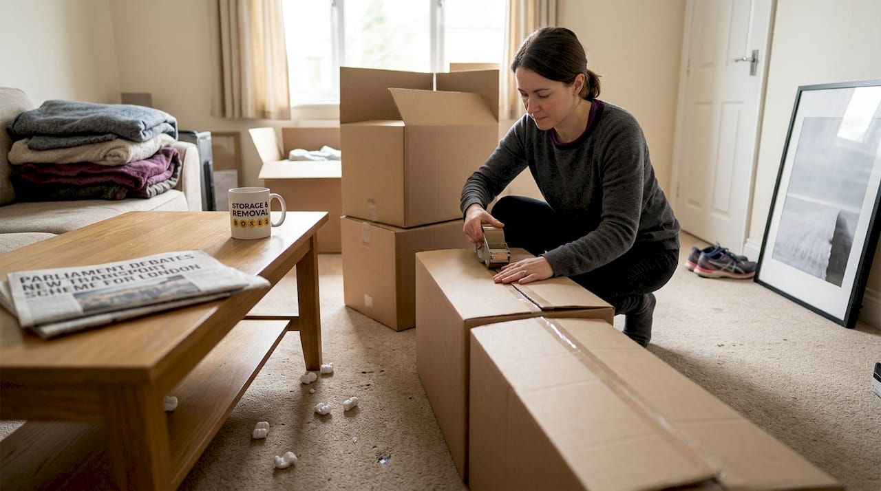 Woman taping smart cardboard moving boxes