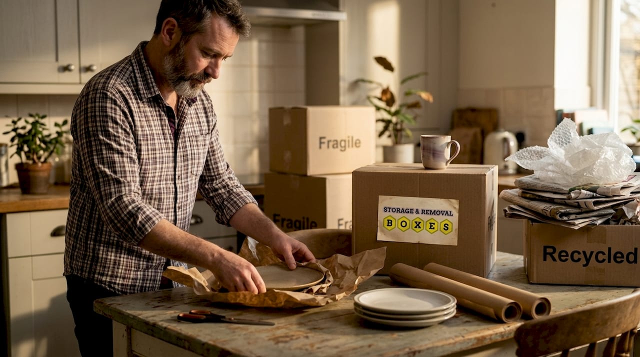 Man using eco-friendly packing materials at home
