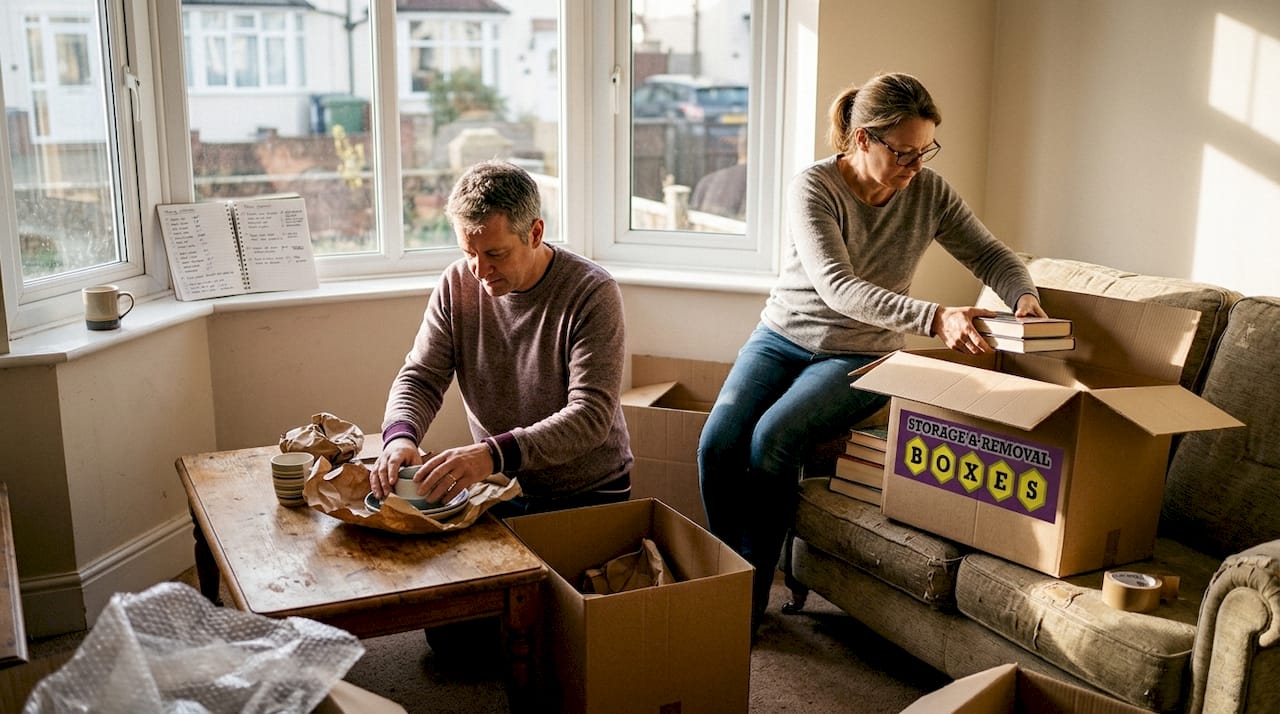 Couple packing boxes in UK living room