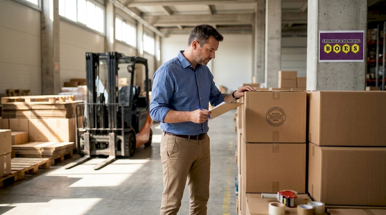 Manager inspects certified storage box stack
