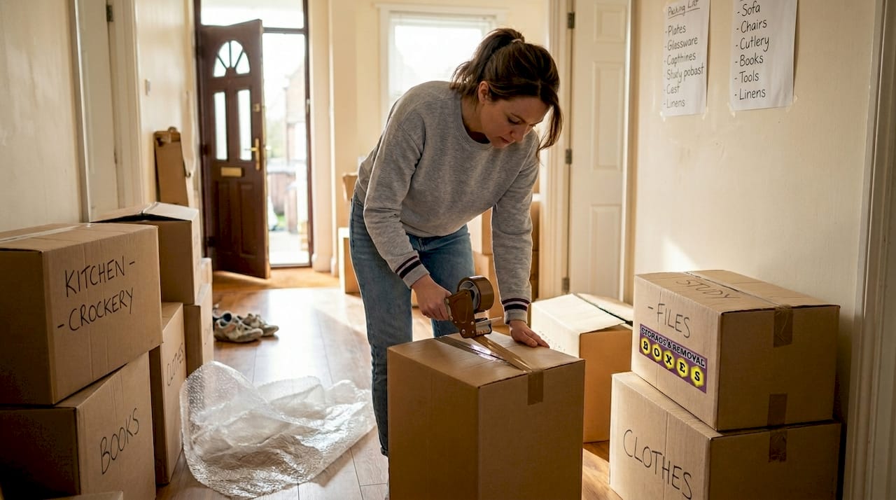 Woman packing boxes for apartment move