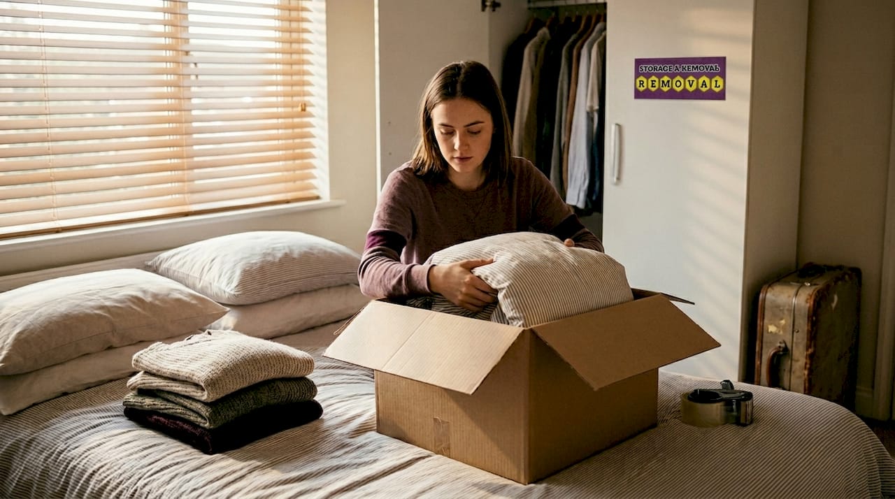 Woman packs large moving box with bedding