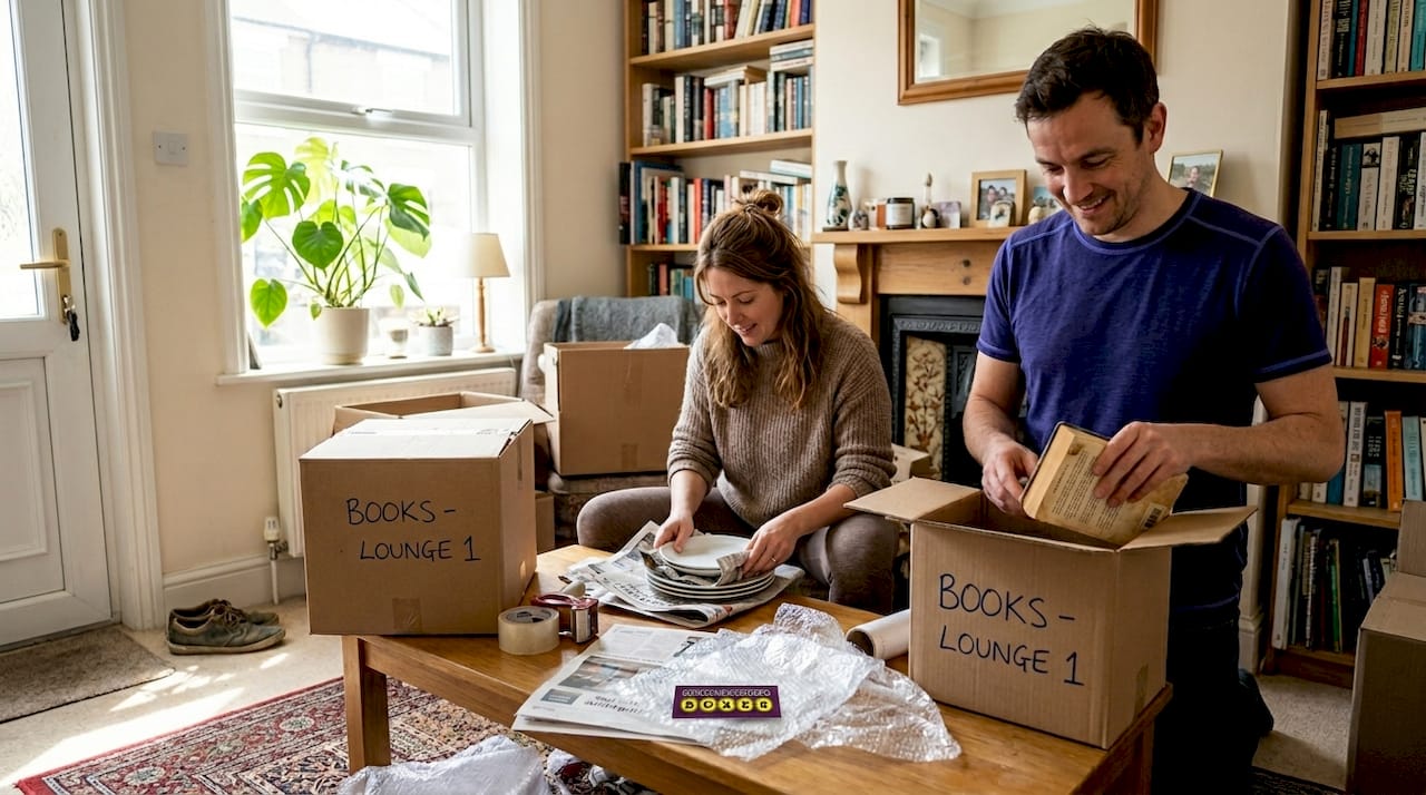 Couple packing moving boxes in living room