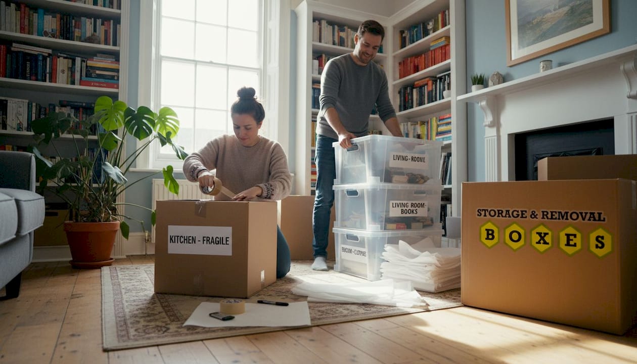 Couple packing eco-friendly moving boxes