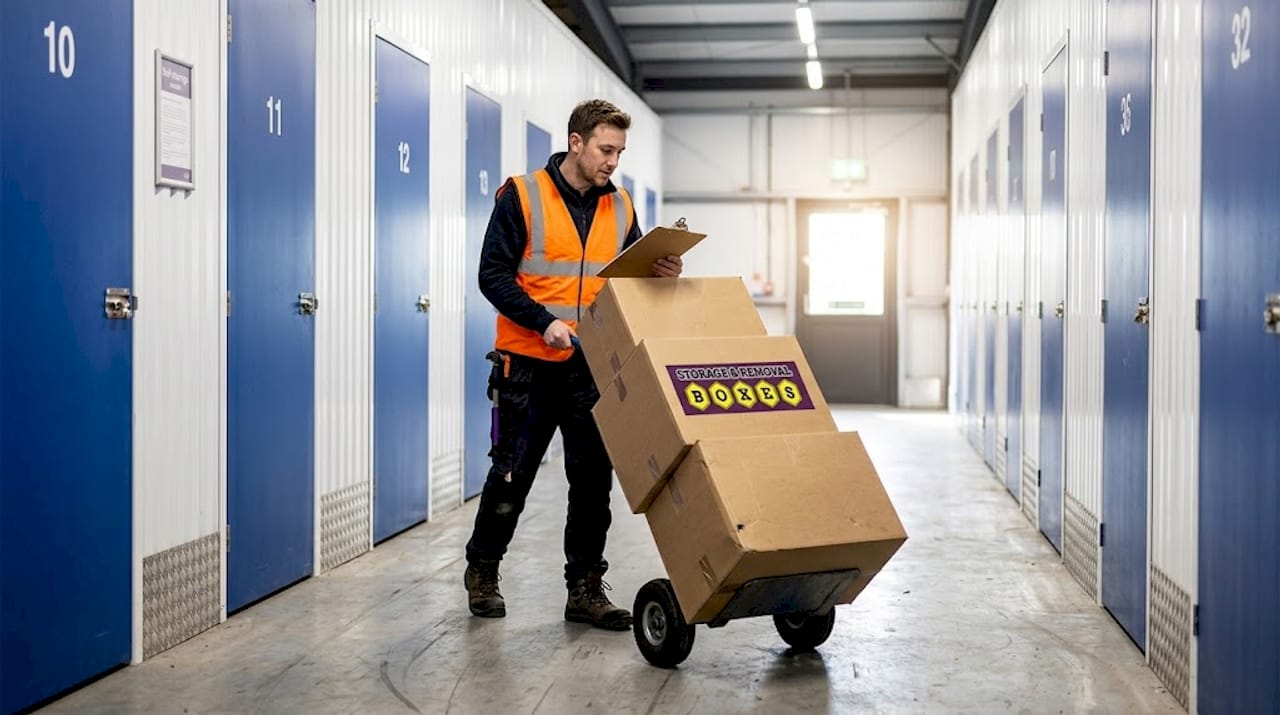 Worker moving boxes into self storage unit