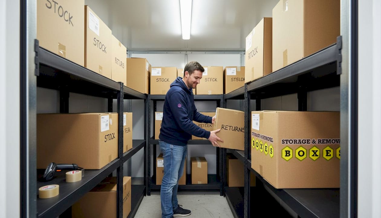 Small business owner sorting boxes in storage