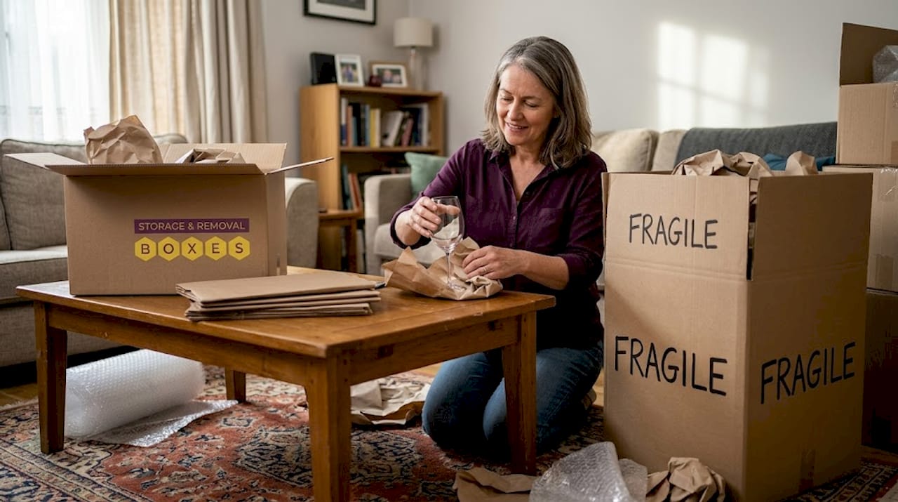 Woman packing fragile items for safe storage