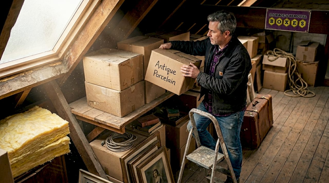 Man storing fragile items in loft