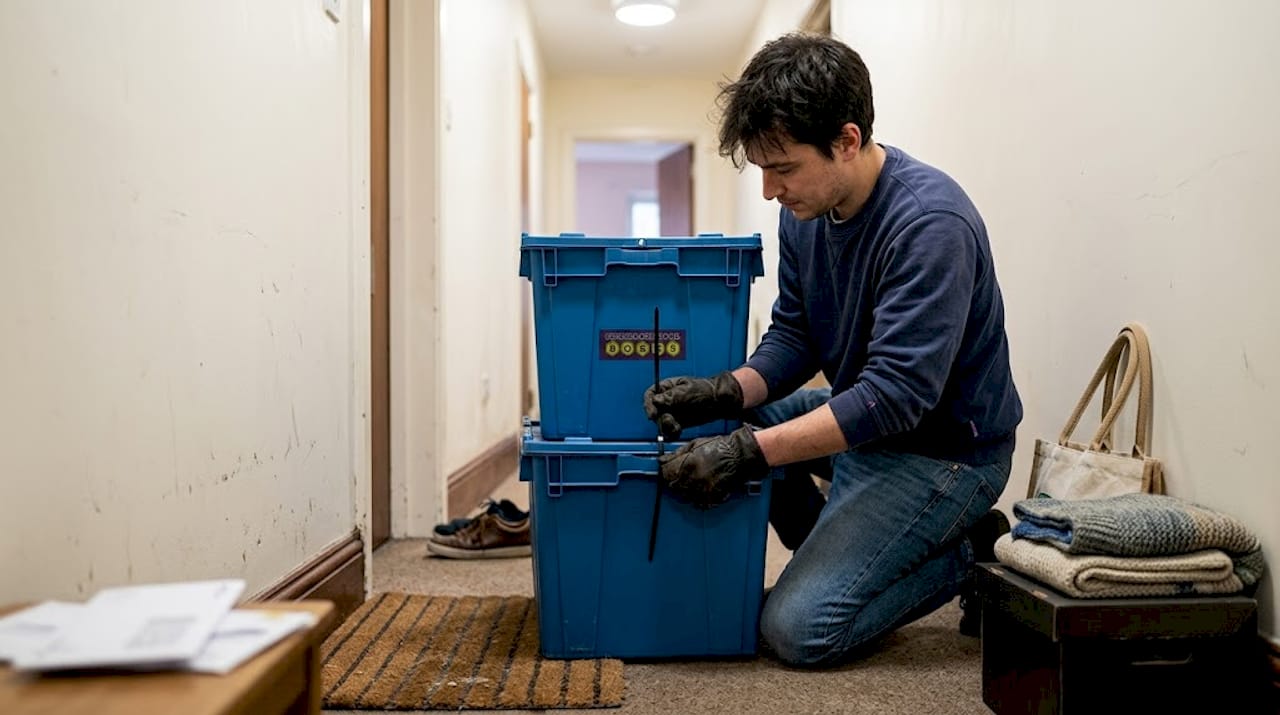 Person securing plastic crates in hallway