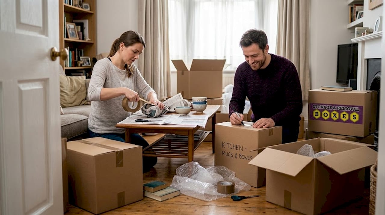 Couple packing living room moving boxes