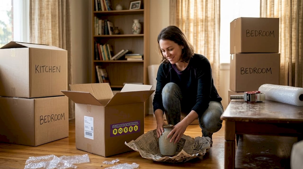 Woman packing vase in double walled moving box