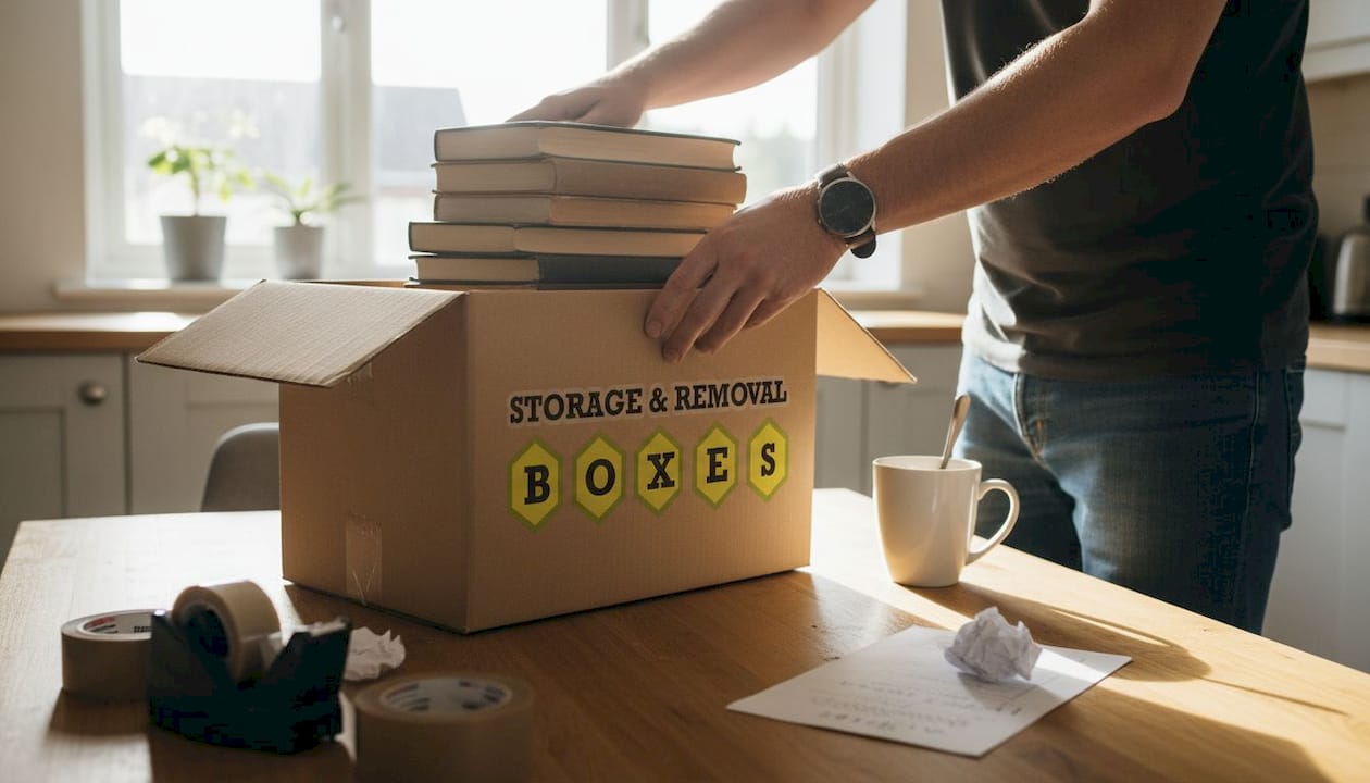 Hands packing heavy books into sturdy box