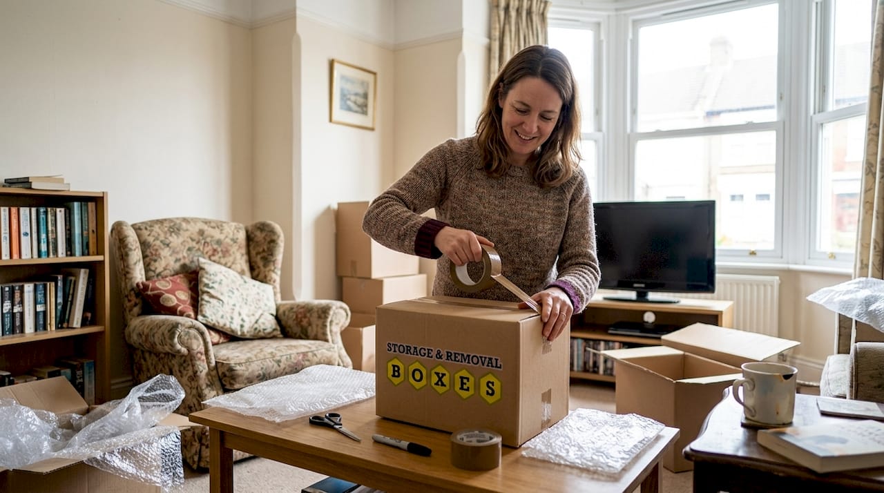 Woman taping box in lived-in UK living room