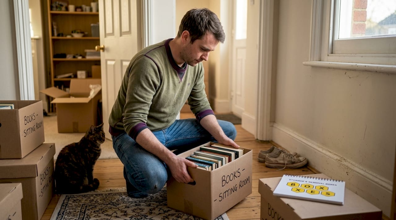 Man packing books in small labeled boxes